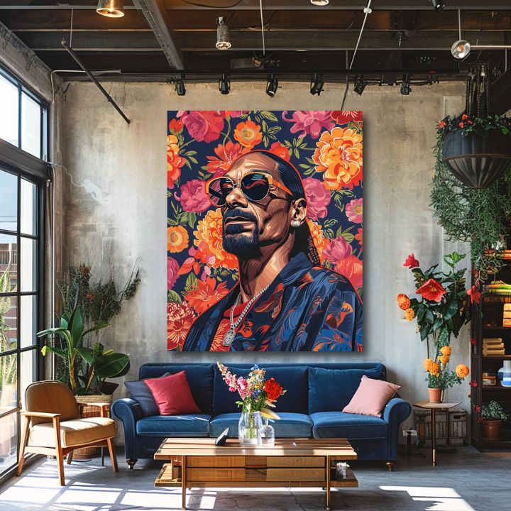 Obraz na plátne s motívom Snoop Dogg - Ikona rapovej scény, kvety v oranžových odtieňoch | Obraz Snoop Dogg - Ikona rapovej scény – produkt, pohľad 2