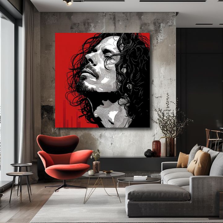 Moderný obraz na plátne s motívom muž, tvár v červeno-čiernych odtieňoch, dramatická atmosféra | Chris Cornell obraz na plátne - Rocková vášeň – produkt