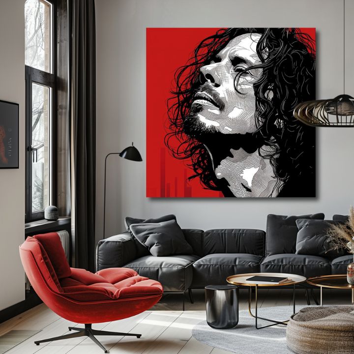 Moderný obraz na plátne s motívom muž, tvár v červeno-čiernych odtieňoch, dramatická atmosféra | Chris Cornell obraz na plátne - Rocková vášeň – produkt, pohľad 2