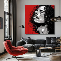 Moderný obraz na plátne s motívom muž, tvár v červeno-čiernych odtieňoch, dramatická atmosféra | Chris Cornell obraz na plátne - Rocková vášeň – produkt, pohľad 2