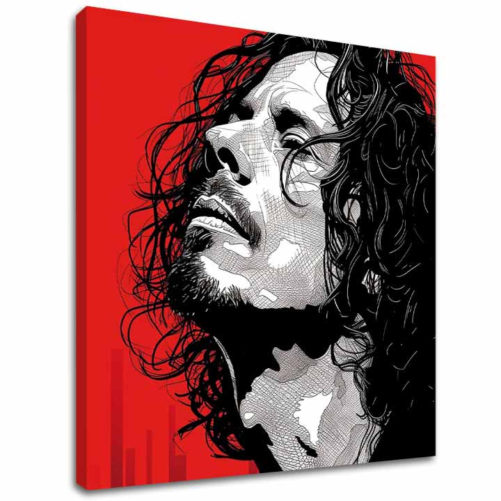 Moderný obraz na plátne s motívom muž, tvár v červeno-čiernych odtieňoch, dramatická atmosféra | Chris Cornell obraz na plátne - Rocková vášeň – hlavný