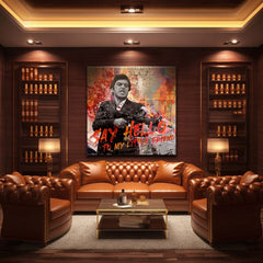 Pop art obraz na plátne s motívom Say hello to my little friend, krajina v oranžovo-červených odtieňoch, filmový svet | Scarface obraz na plátne Say hello to my little friend – produkt