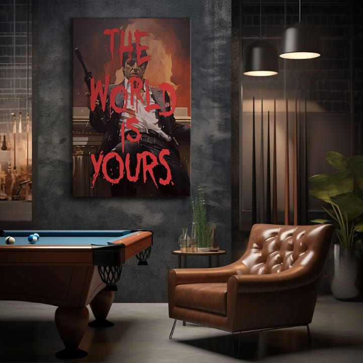 Pop art obraz na plátne s motívom The world is yours v bielo-oranžových odtieňoch, intenzívna atmosféra, sila a moc | Scarface obraz na plátne The world is yours – produkt