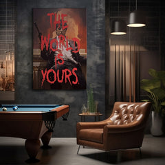 Pop art obraz na plátne s motívom The world is yours v bielo-oranžových odtieňoch, intenzívna atmosféra, sila a moc | Scarface obraz na plátne The world is yours – produkt