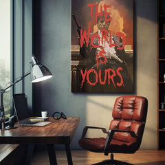 Pop art obraz na plátne s motívom The world is yours v bielo-oranžových odtieňoch, intenzívna atmosféra, sila a moc | Scarface obraz na plátne The world is yours – produkt, pohľad 2