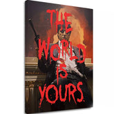 Pop art obraz na plátne s motívom The world is yours v bielo-oranžových odtieňoch, intenzívna atmosféra, sila a moc | Scarface obraz na plátne The world is yours – hlavný