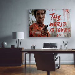 Pop art obraz na plátne s motívom Krvavý Tony Montana so zbraňou v ruke, krajina v bielo-červených odtieňoch, sila a moc | Scarface obraz na plátne Krvavý Tony Montana so zbraňou v ruke – produkt
