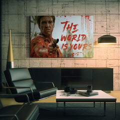 Pop art obraz na plátne s motívom Krvavý Tony Montana so zbraňou v ruke, krajina v bielo-červených odtieňoch, sila a moc | Scarface obraz na plátne Krvavý Tony Montana so zbraňou v ruke –..., pohľad 2