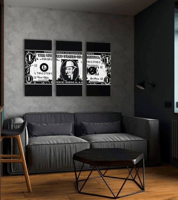 Pop art obraz na plátne s motívom Al Capone na dolári v bielo-čiernych odtieňoch, drzá atmosféra, vhodný do kancelárie | Najväčší mafiáni na plátne Scarface- Al Capone na dolári – produkt