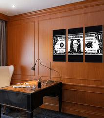 Pop art obraz na plátne s motívom Al Capone na dolári v bielo-čiernych odtieňoch, drzá atmosféra, vhodný do kancelárie | Najväčší mafiáni na plátne Scarface- Al Capone na dolári – hlavný