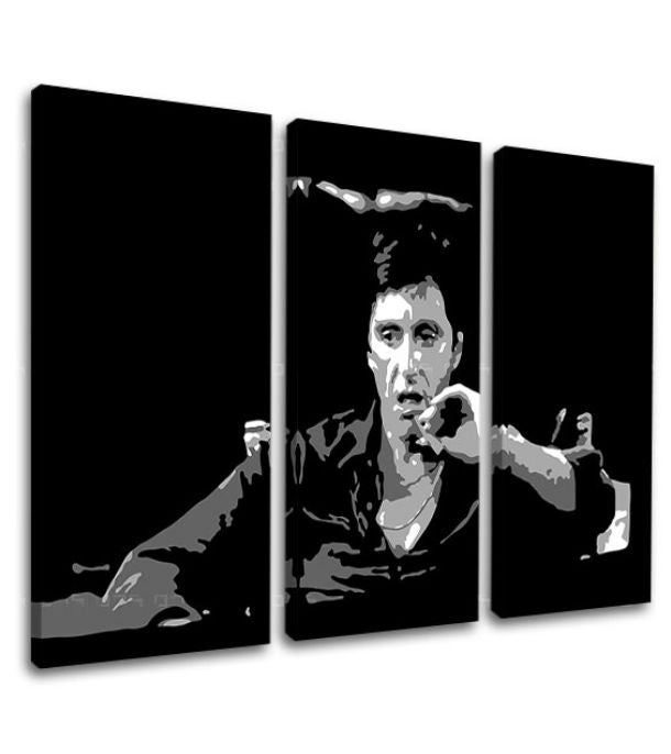 Pop art obraz na plátne s motívom Tony Montana premýšľa nad svojim plánom, cigara v bielo-čiernych odtieňoch, drzá atmosféra, filmový svet a nostalgia – produkt