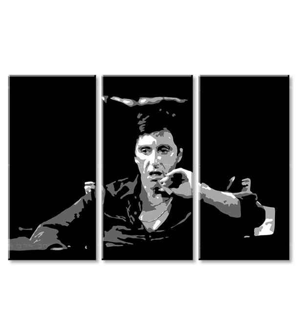 Pop art obraz na plátne s motívom Tony Montana premýšľa nad svojim plánom, cigara v bielo-čiernych odtieňoch, drzá atmosféra, filmový svet a nostalgia – produkt, pohľad 2