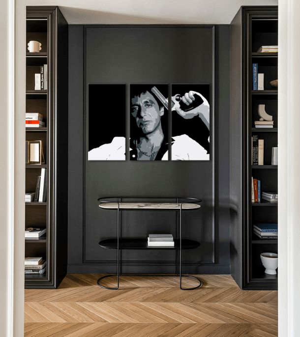 Pop art obraz na plátne s motívom Tony Montana so zbraňou v ruke v bielo-sivých odtieňoch, intenzívna atmosféra, filmový svet a sila a moc | Najväčší mafiáni na plátne Scarface - Tony Mon..., pohľad 2
