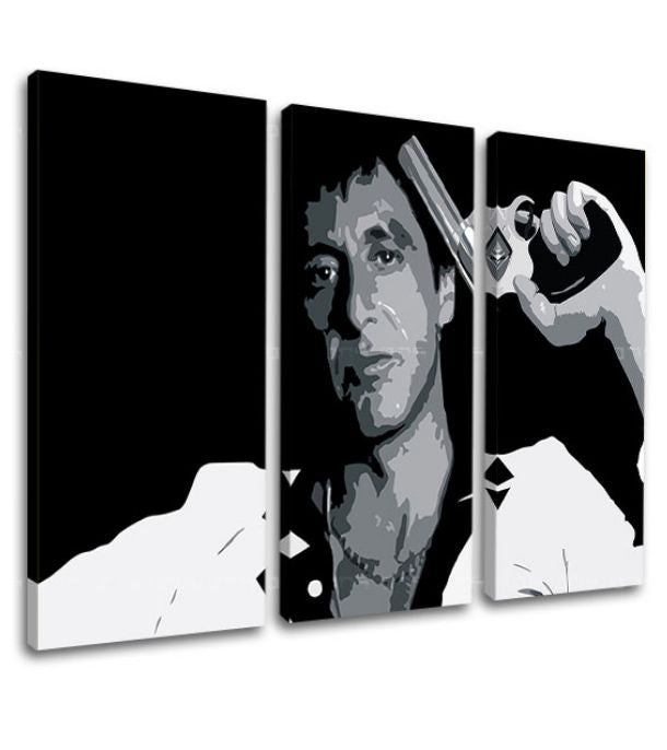 Pop art obraz na plátne s motívom Tony Montana so zbraňou v ruke v bielo-sivých odtieňoch, intenzívna atmosféra, filmový svet a sila a moc | Najväčší mafiáni na plátne Scarface - Tony Mon..., pohľad 3