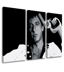Pop art obraz na plátne s motívom Tony Montana so zbraňou v ruke v bielo-sivých odtieňoch, intenzívna atmosféra, filmový svet a sila a moc | Najväčší mafiáni na plátne Scarface - Tony Mon..., pohľad 3