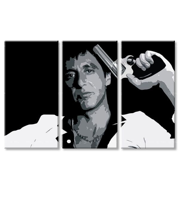 Pop art obraz na plátne s motívom Tony Montana so zbraňou v ruke v bielo-sivých odtieňoch, intenzívna atmosféra, filmový svet a sila a moc | Najväčší mafiáni na plátne Scarface - Tony Mon..., pohľad 4
