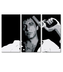 Pop art obraz na plátne s motívom Tony Montana so zbraňou v ruke v bielo-sivých odtieňoch, intenzívna atmosféra, filmový svet a sila a moc | Najväčší mafiáni na plátne Scarface - Tony Mon..., pohľad 4