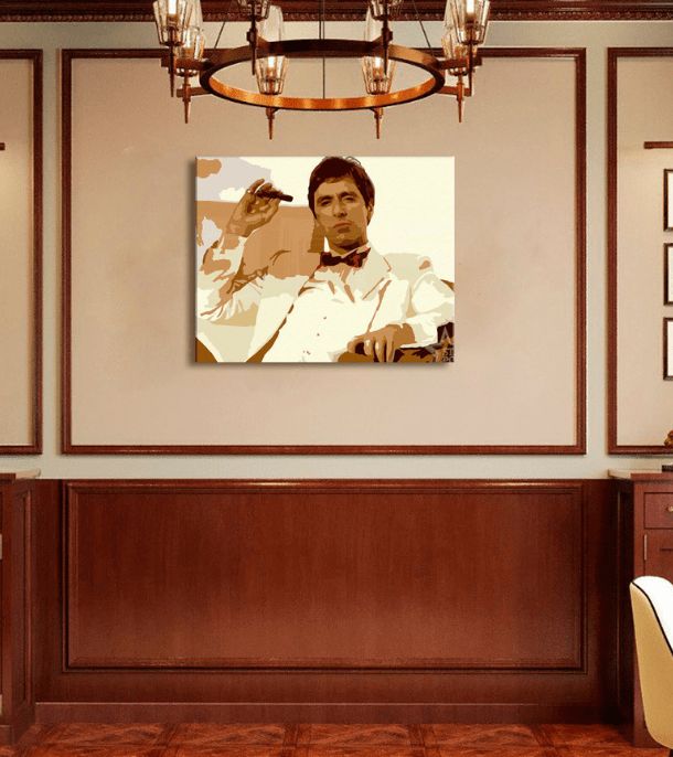 Pop art obraz na plátne s motívom Tony Montana fajčiaci cigaru, príroda v hnedých odtieňoch, sila a moc a kriminálna dráma, vhodný do kancelárie – produkt