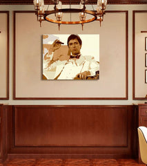 Pop art obraz na plátne s motívom Tony Montana fajčiaci cigaru, príroda v hnedých odtieňoch, sila a moc a kriminálna dráma, vhodný do kancelárie – produkt