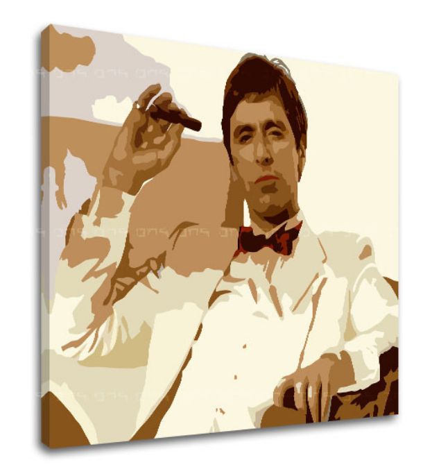 Pop art obraz na plátne s motívom Tony Montana fajčiaci cigaru, príroda v hnedých odtieňoch, sila a moc a kriminálna dráma, vhodný do kancelárie – produkt, pohľad 2