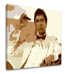 Pop art obraz na plátne s motívom Tony Montana fajčiaci cigaru, príroda v hnedých odtieňoch, sila a moc a kriminálna dráma, vhodný do kancelárie – produkt, pohľad 2