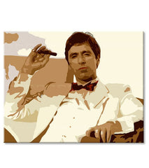 Pop art obraz na plátne s motívom Tony Montana fajčiaci cigaru, príroda v hnedých odtieňoch, sila a moc a kriminálna dráma, vhodný do kancelárie – produkt, pohľad 3