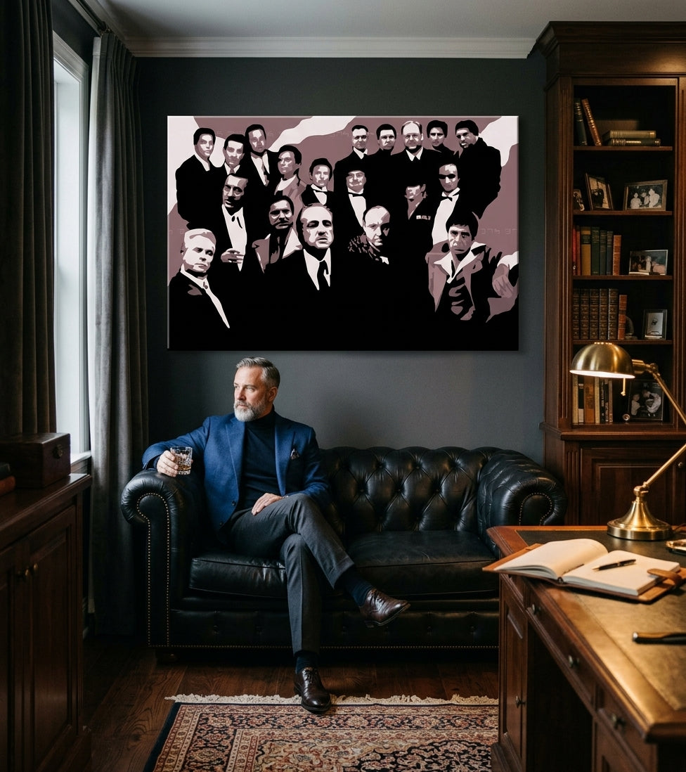 Pop art obraz na plátne s motívom The Mafia family, automobil v hnedo-červených odtieňoch zavesený v interiéri kancelárie, dramatická atmosféra – interiér
