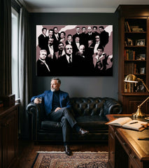 Pop art obraz na plátne s motívom The Mafia family, automobil v hnedo-červených odtieňoch zavesený v interiéri kancelárie, dramatická atmosféra – interiér