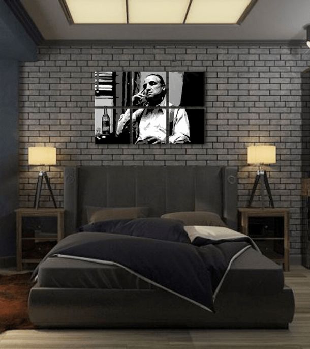 Pop art obraz na plátne s motívom The Godfather - Vito Corleone s fľaškou škótskej, cigara, fľaša v bielo-čiernych odtieňoch, melancholická atmosféra – produkt