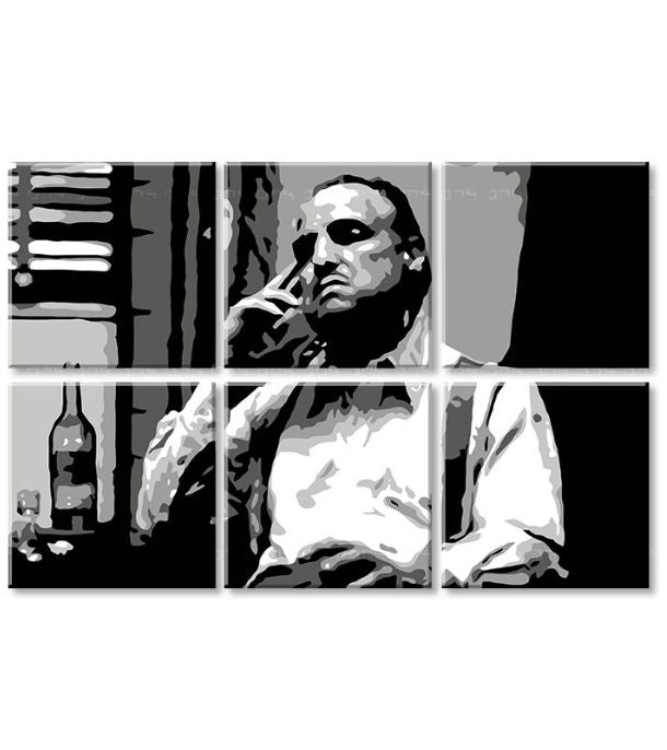 Pop art obraz na plátne s motívom The Godfather - Vito Corleone s fľaškou škótskej, cigara, fľaša v bielo-čiernych odtieňoch, melancholická atmosféra – produkt, pohľad 3