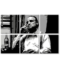 Pop art obraz na plátne s motívom The Godfather - Vito Corleone s fľaškou škótskej, cigara, fľaša v bielo-čiernych odtieňoch, melancholická atmosféra – produkt, pohľad 3