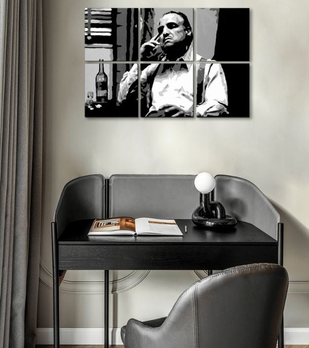 Pop art obraz na plátne s motívom The Godfather - Vito Corleone s fľaškou škótskej, cigara, fľaša v bielo-čiernych odtieňoch, melancholická atmosféra – hlavný