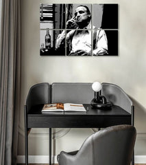 Pop art obraz na plátne s motívom The Godfather - Vito Corleone s fľaškou škótskej, cigara, fľaša v bielo-čiernych odtieňoch, melancholická atmosféra – hlavný