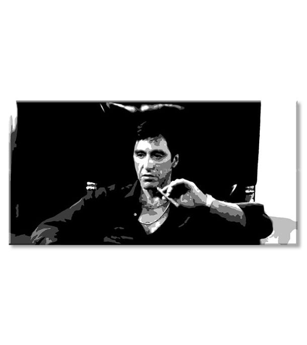 Pop art obraz na plátne s motívom Nahnevaný Tony Montana s cigarou v ruke, automobil, príroda v bielo-čiernych odtieňoch, intenzívna atmosféra – produkt, pohľad 2