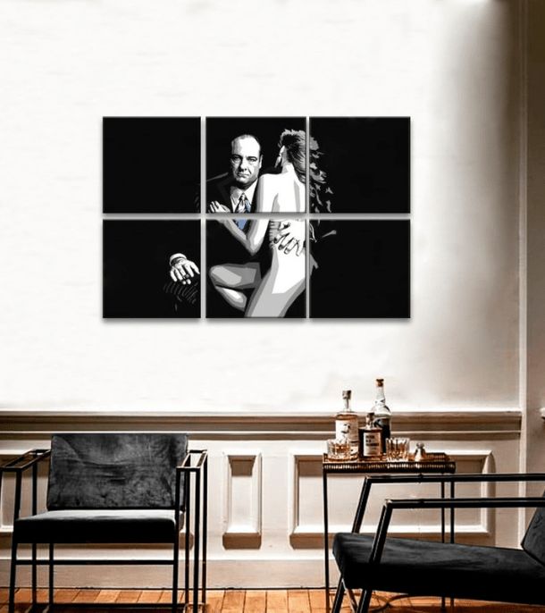 Pop art obraz na plátne s motívom Sopranos - Tony Soprano s nahou ženou v bielo-čiernych odtieňoch, dramatická atmosféra, kriminálna dráma a láska – produkt