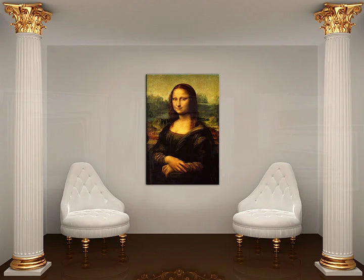 Moderný obraz na plátne s motívom MONA LISA – Leonardo Da Vinci, krajina v bielo-hnedých odtieňoch zavesený v interiéri obývačky, elegantná atmosféra – interiér