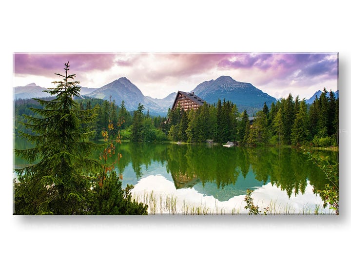 Moderný obraz na plátne s motívom PANORÁMA SLOVENSKO, hory, jazero, obloha v zelených odtieňoch, pokojná atmosféra, príroda | Obraz na stenu PANORÁMA SLOVENSKO – produkt