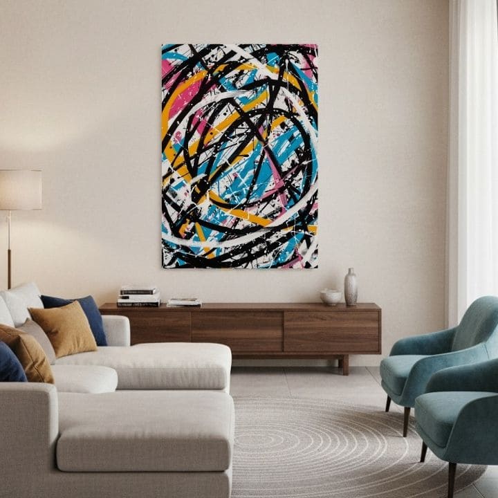 Moderný obraz na plátne s motívom Farebný Chaos - Moderný Abstrakt v čierno-bielych odtieňoch, energická atmosféra, kreativita | Obraz na plátne Farebný Chaos - Moderný Abstrakt – produkt, pohľad 2