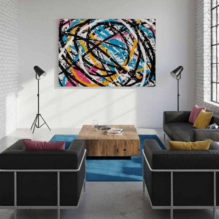 Moderný obraz na plátne s motívom Farebný Chaos - Moderný Abstrakt v čierno-bielych odtieňoch, energická atmosféra, kreativita | Obraz na plátne Farebný Chaos - Moderný Abstrakt – produkt, pohľad 3