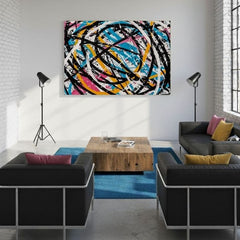 Moderný obraz na plátne s motívom Farebný Chaos - Moderný Abstrakt v čierno-bielych odtieňoch, energická atmosféra, kreativita | Obraz na plátne Farebný Chaos - Moderný Abstrakt – produkt, pohľad 3