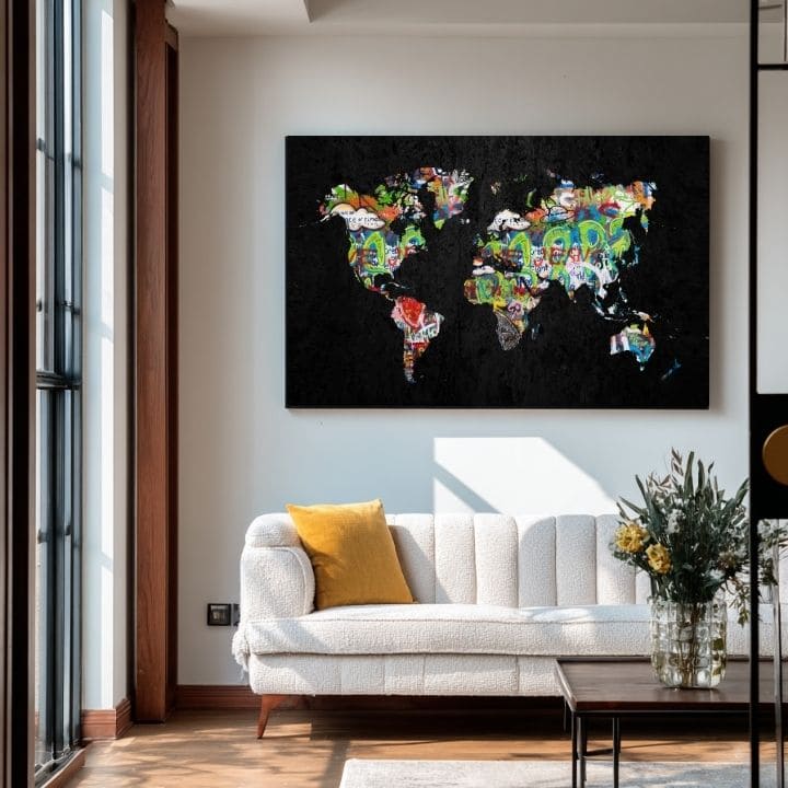 Obraz na plátne s motívom Motýlia Harmónia - Čierno-zlatý Dizajn, mapa sveta v čiernych odtieňoch, energická atmosféra | Obraz na plátne Motýlia Harmónia - Čierno-zlatý Dizajn – p..., pohľad 2