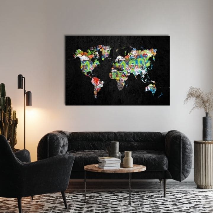 Obraz na plátne s motívom Motýlia Harmónia - Čierno-zlatý Dizajn, mapa sveta v čiernych odtieňoch, energická atmosféra | Obraz na plátne Motýlia Harmónia - Čierno-zlatý Dizajn – p..., pohľad 3