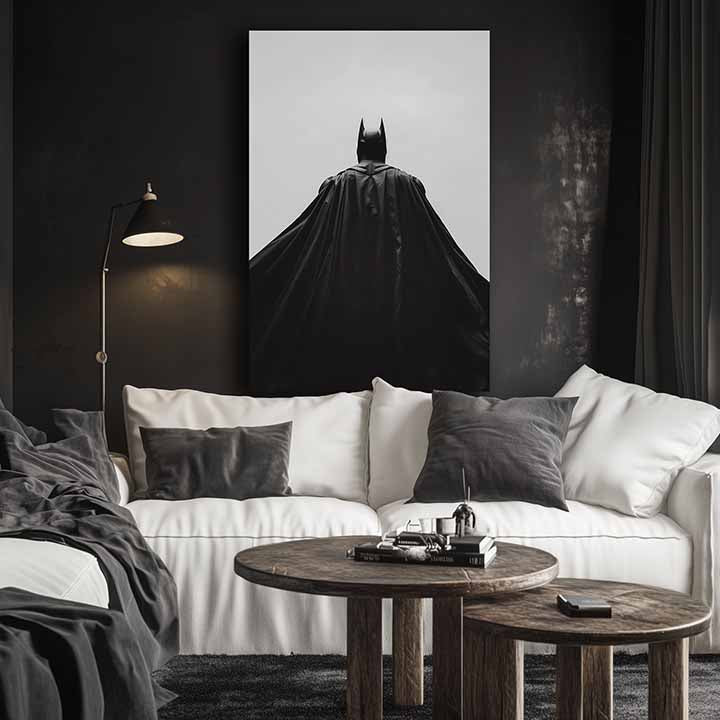 Obraz na plátne s motívom Batman: Strážca noci v čierno-bielych odtieňoch, dramatická atmosféra, samota a sila a moc | Obraz Batman: Strážca noci – produkt