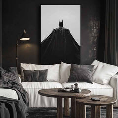 Obraz na plátne s motívom Batman: Strážca noci v čierno-bielych odtieňoch, dramatická atmosféra, samota a sila a moc | Obraz Batman: Strážca noci – produkt