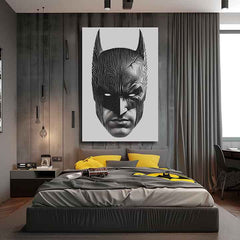 Moderný obraz na plátne s motívom Batman: Hlava spravodlivosti, maska v čierno-bielych odtieňoch, intenzívna atmosféra | Obraz Batman: Hlava spravodlivosti – produkt