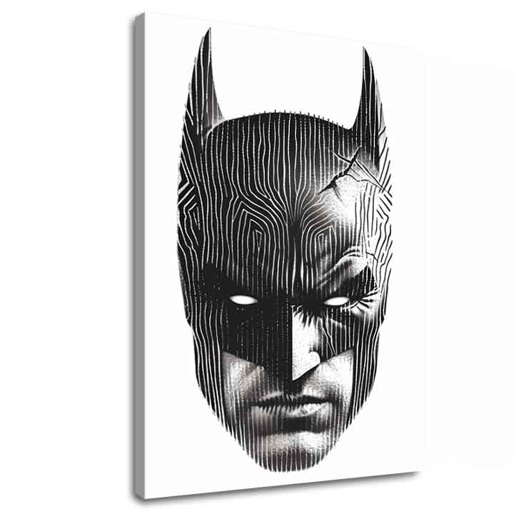 Moderný obraz na plátne s motívom Batman: Hlava spravodlivosti, maska v čierno-bielych odtieňoch, intenzívna atmosféra | Obraz Batman: Hlava spravodlivosti – hlavný