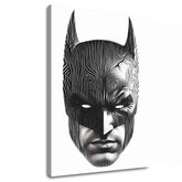 Moderný obraz na plátne s motívom Batman: Hlava spravodlivosti, maska v čierno-bielych odtieňoch, intenzívna atmosféra | Obraz Batman: Hlava spravodlivosti – hlavný