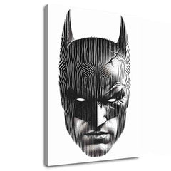 Moderný obraz na plátne s motívom Batman: Hlava spravodlivosti, maska v čierno-bielych odtieňoch, intenzívna atmosféra | Obraz Batman: Hlava spravodlivosti – hlavný