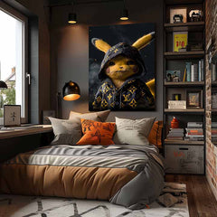 Obraz na plátne s motívom Pikachu: Streetwear kráľ v čierno-zlatých odtieňoch, popkultúra | Obraz Pikachu: Streetwear kráľ – produkt