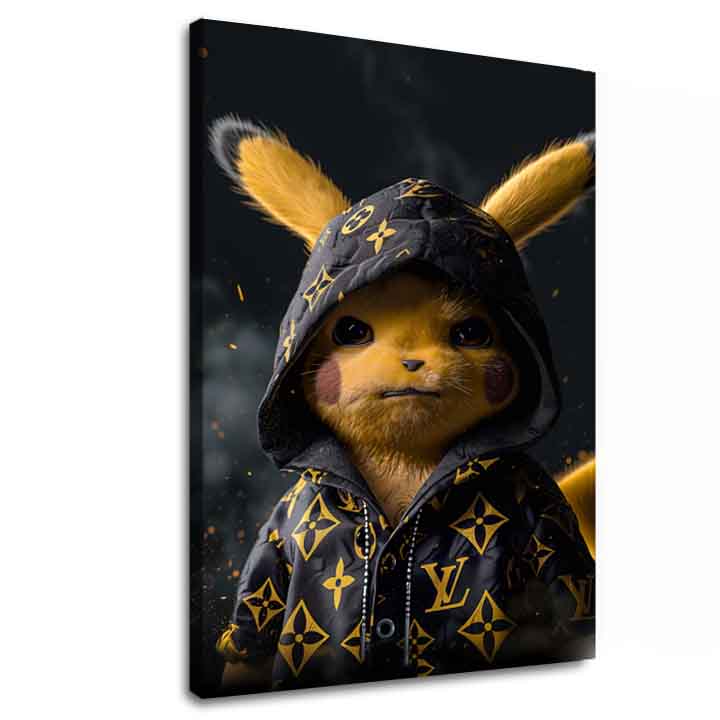 Obraz na plátne s motívom Pikachu: Streetwear kráľ v čierno-zlatých odtieňoch, popkultúra | Obraz Pikachu: Streetwear kráľ – hlavný